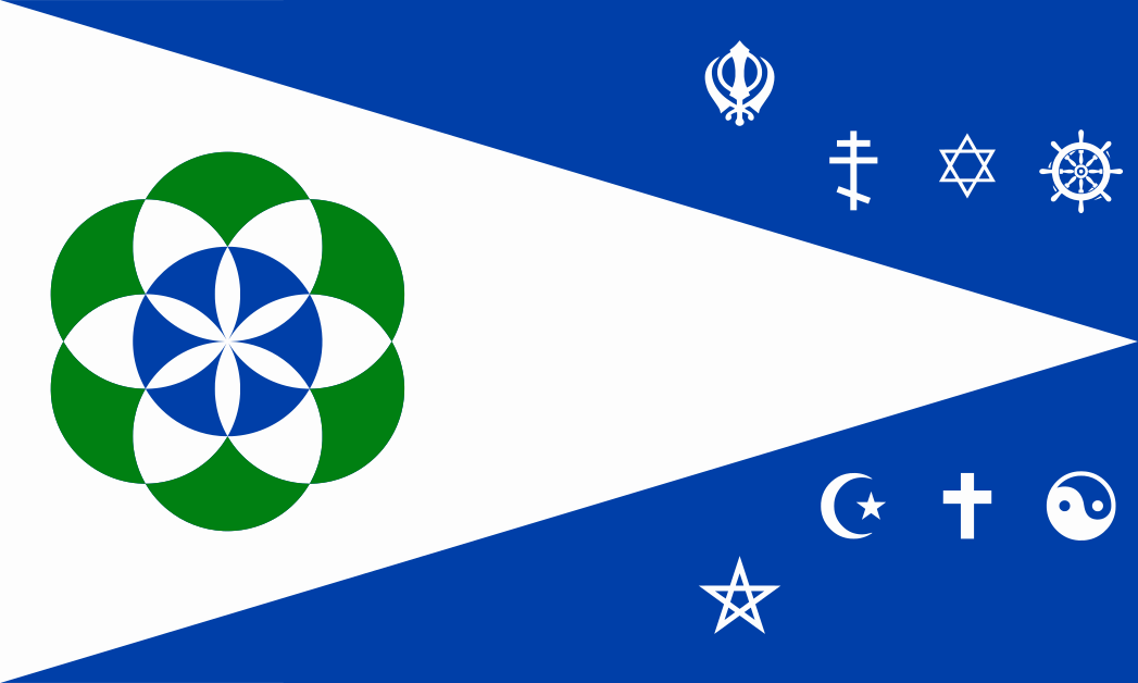 The Globasa flag with Sikh, Orthodox Christian, Jewish, Hindu, various (pentagram), Islamic, Catholic, and Chinese religious symbols.